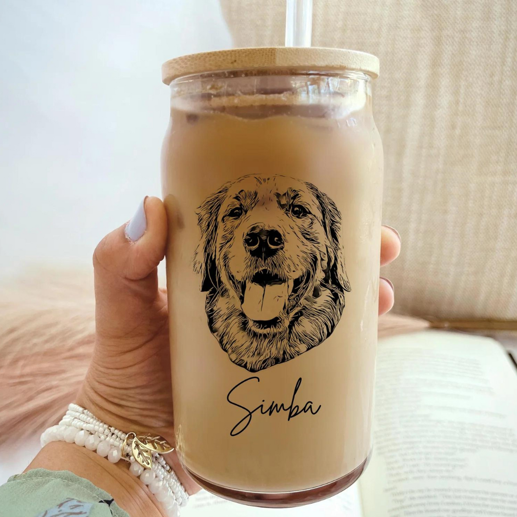 Custom Pet Glass Portrait Glass Mug with Bamboo Lid & Straw