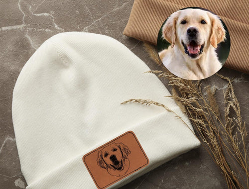 Custom Engraved Dog Face Beanie with Leather Patch| Custom Pet Hat | Dog Dad Gift | Dog Mom Gift | Pet Hat, Dog Lover Christmas Gift