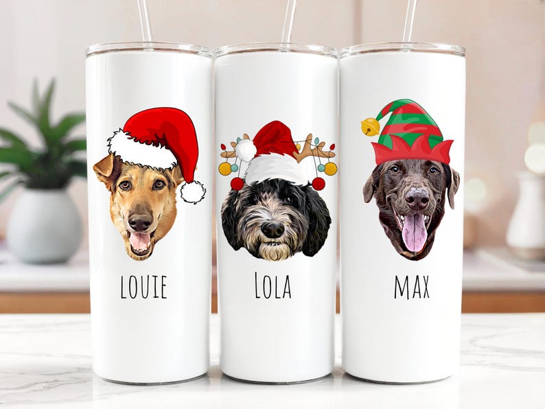 Custom Dog Portrait Tumbler for Christmas, Personalized Dog Mom Christmas Gift, Dog Lover Holiday Gift, Dog with Santa Hat, Pet Christmas