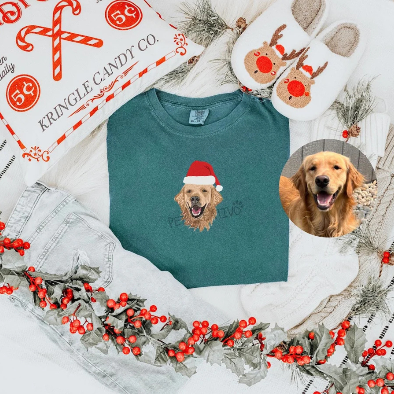 Embroidered Custom Pet Portrait T-Shirt for Christmas, UNISEX fit, Comfort Colors